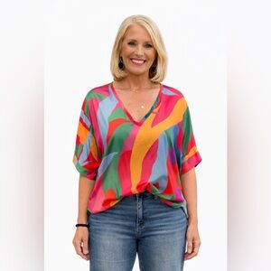 Adrienne Multicolor Abstract Blouse Size Small